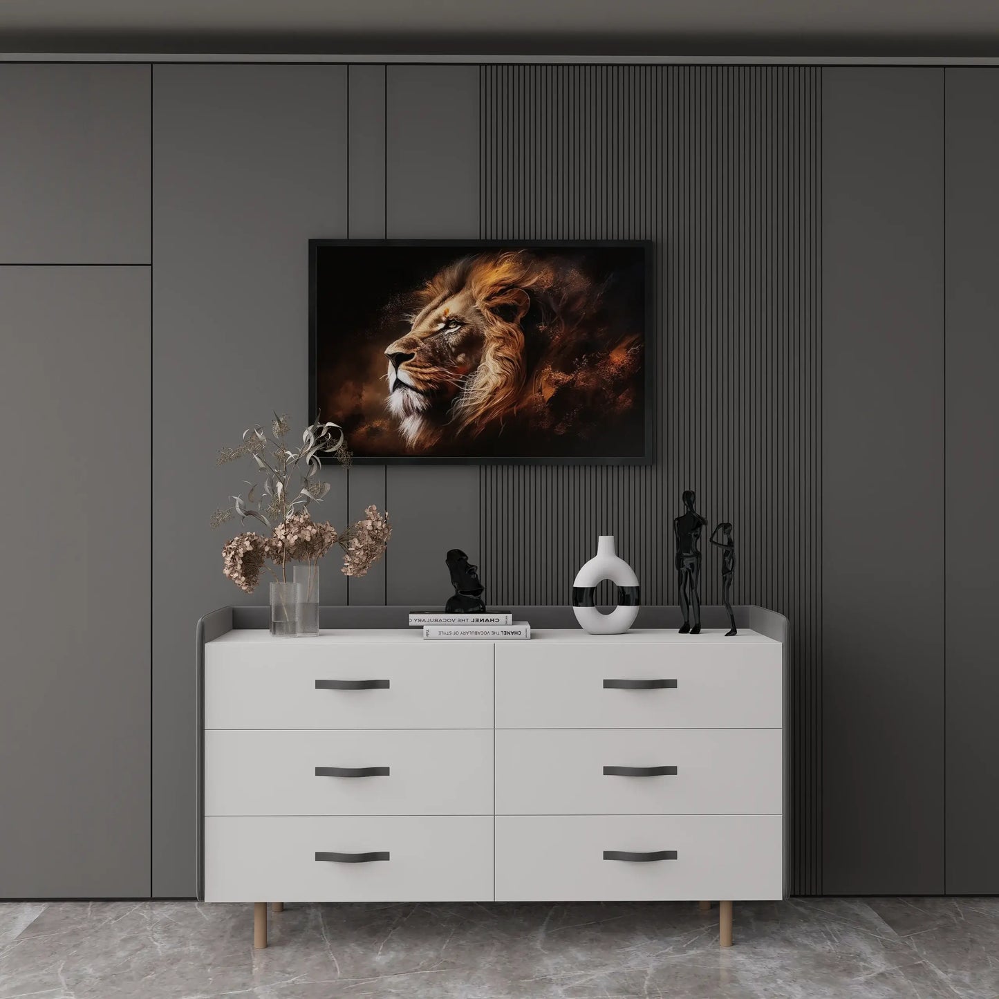 White dresser with decorative items against a dark wall with a framed lion painting.