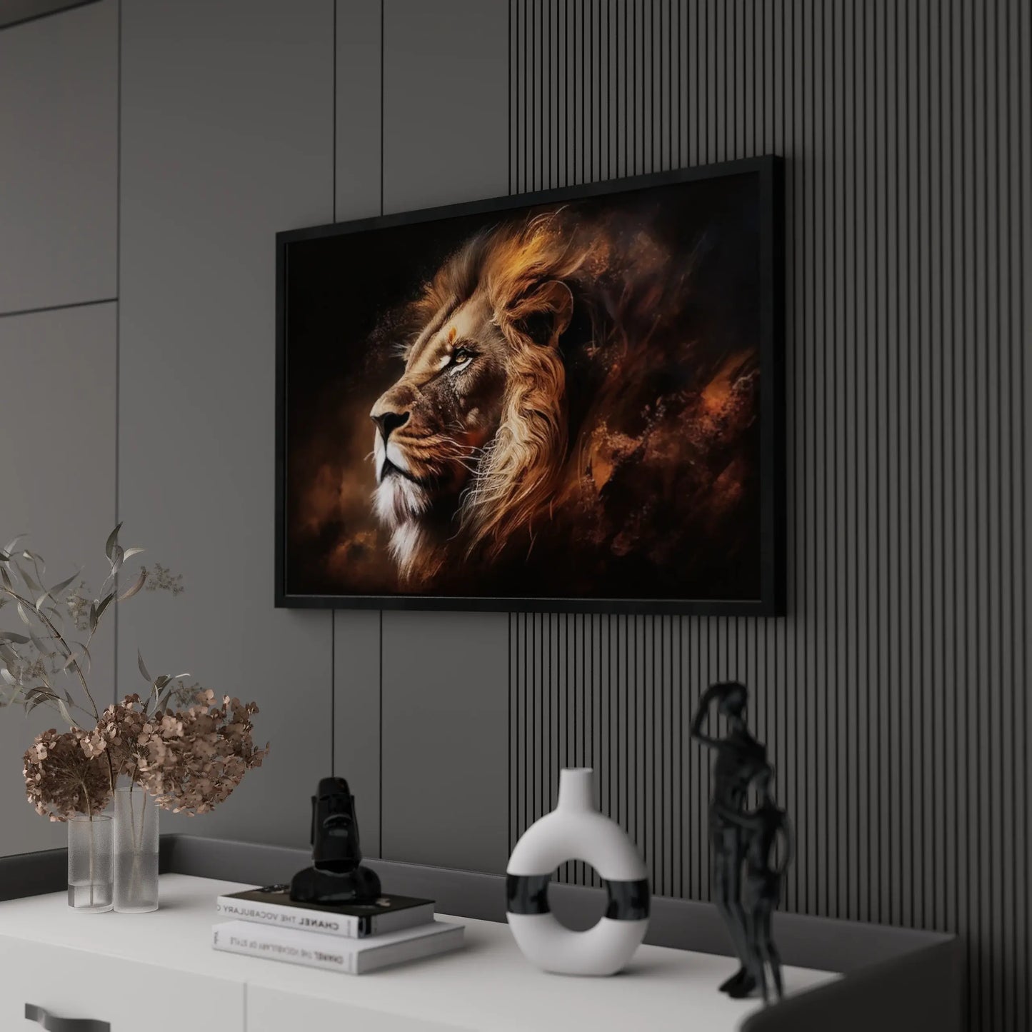 Framed artwork of a lion's head on a wall with decorative items below.