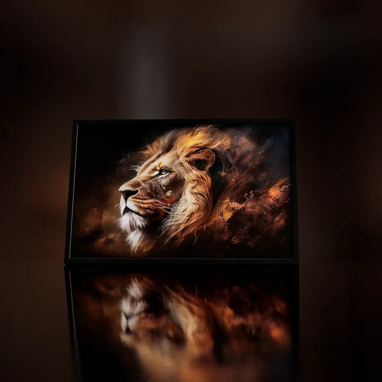 WALL ART a lion's face design on a dark background