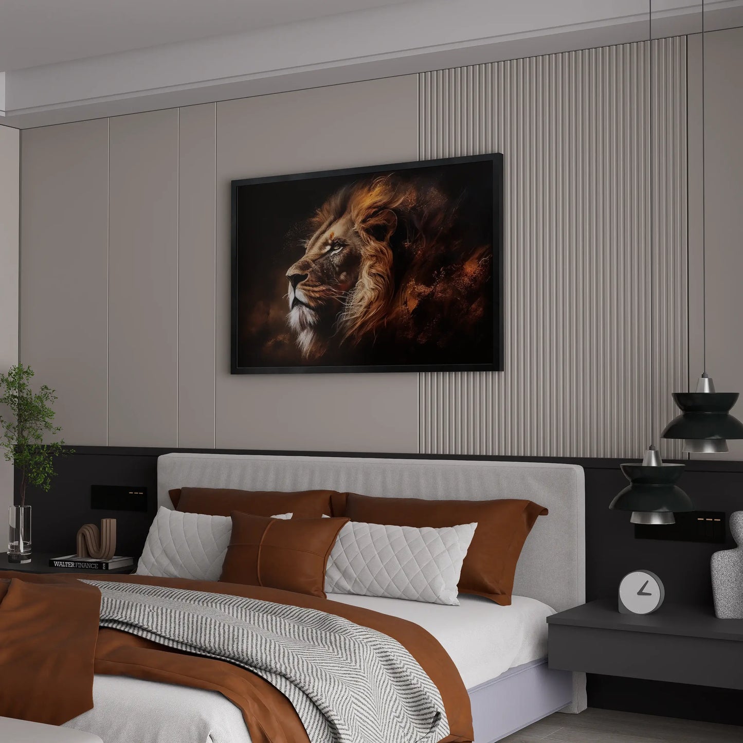 Modern bedroom with a large painting of a lion on the wall above a bed.
