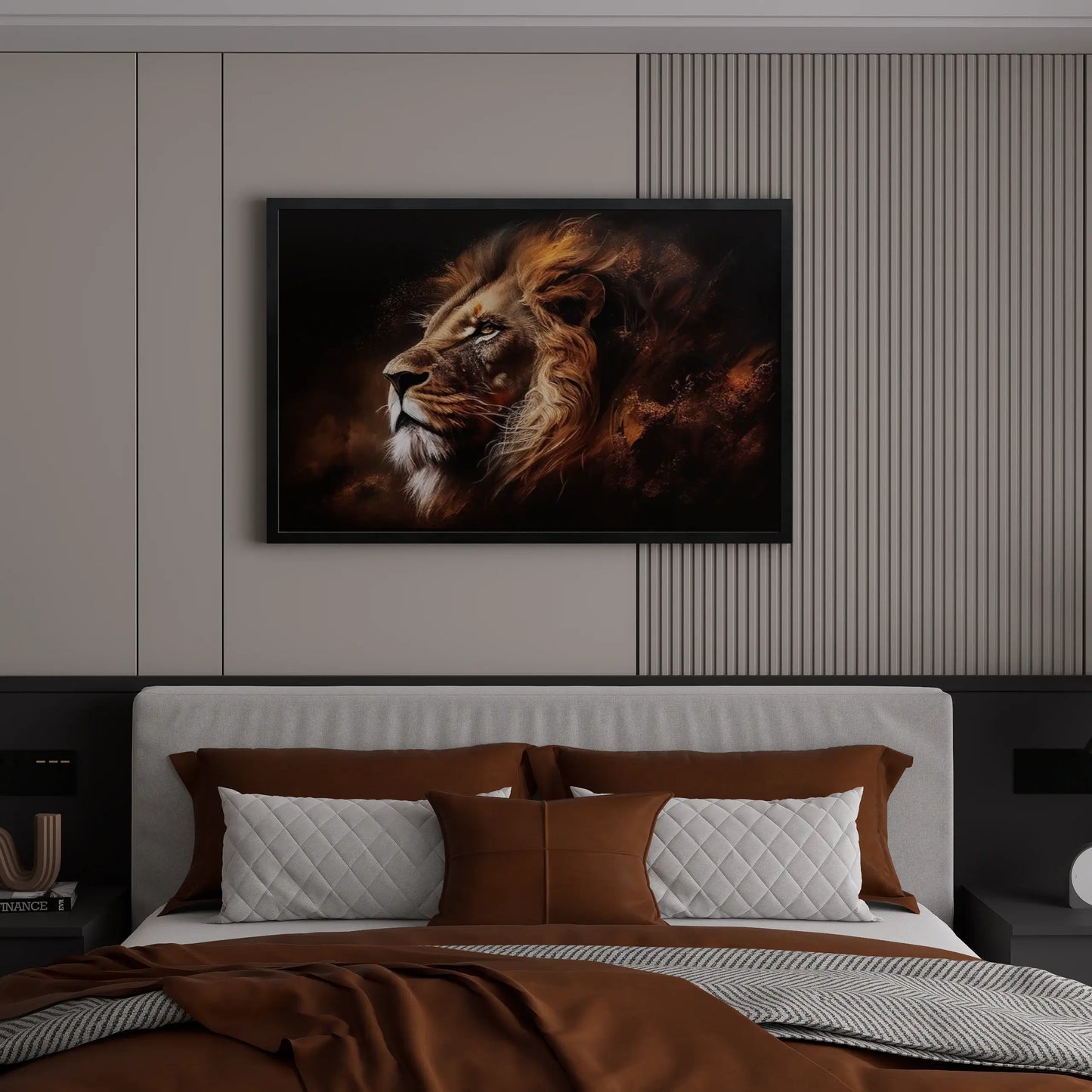 Bedroom with a large framed picture of a lion on the wall.