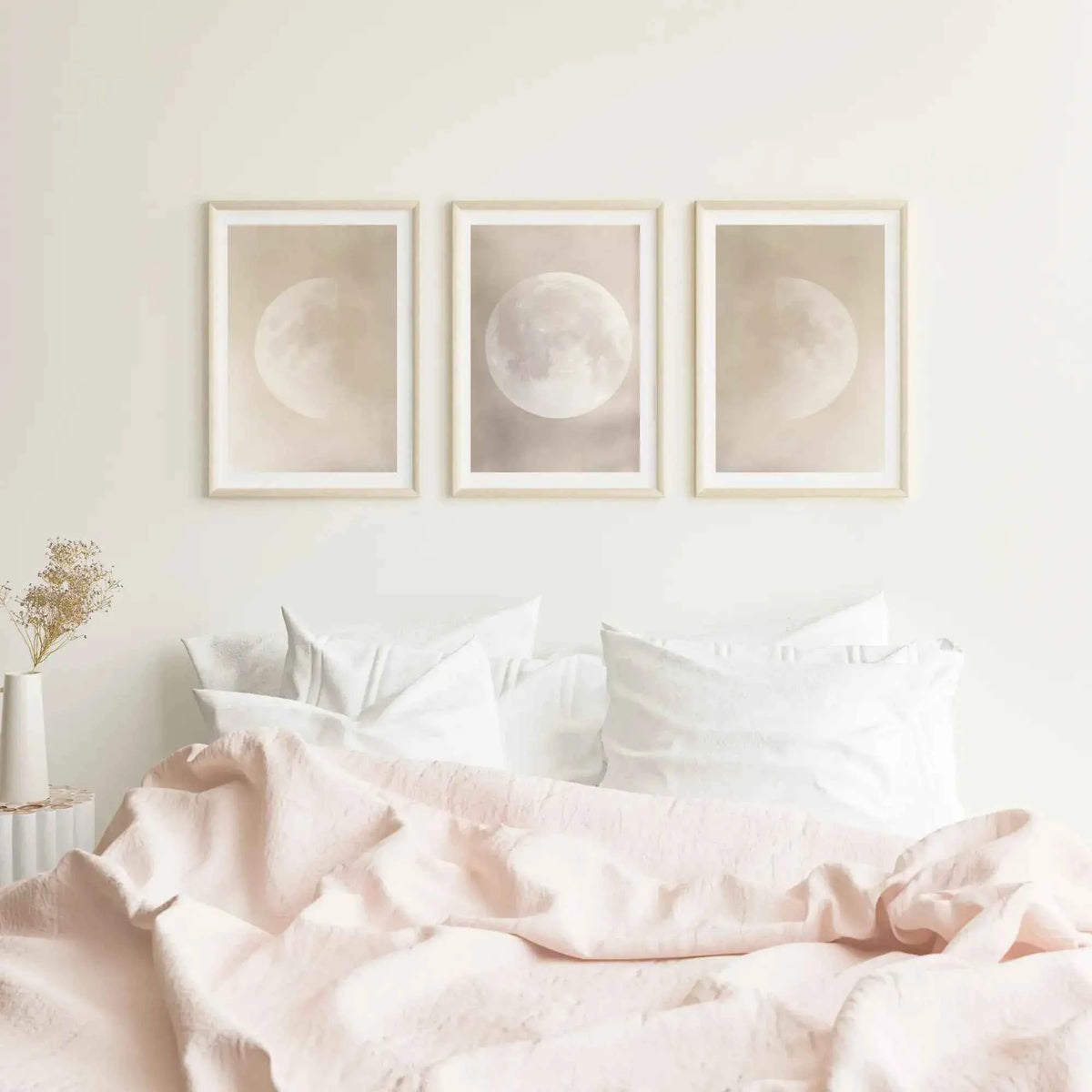 Custom personalised photo canvas set of 3 styled in modern bedroom – unframed wall art prints