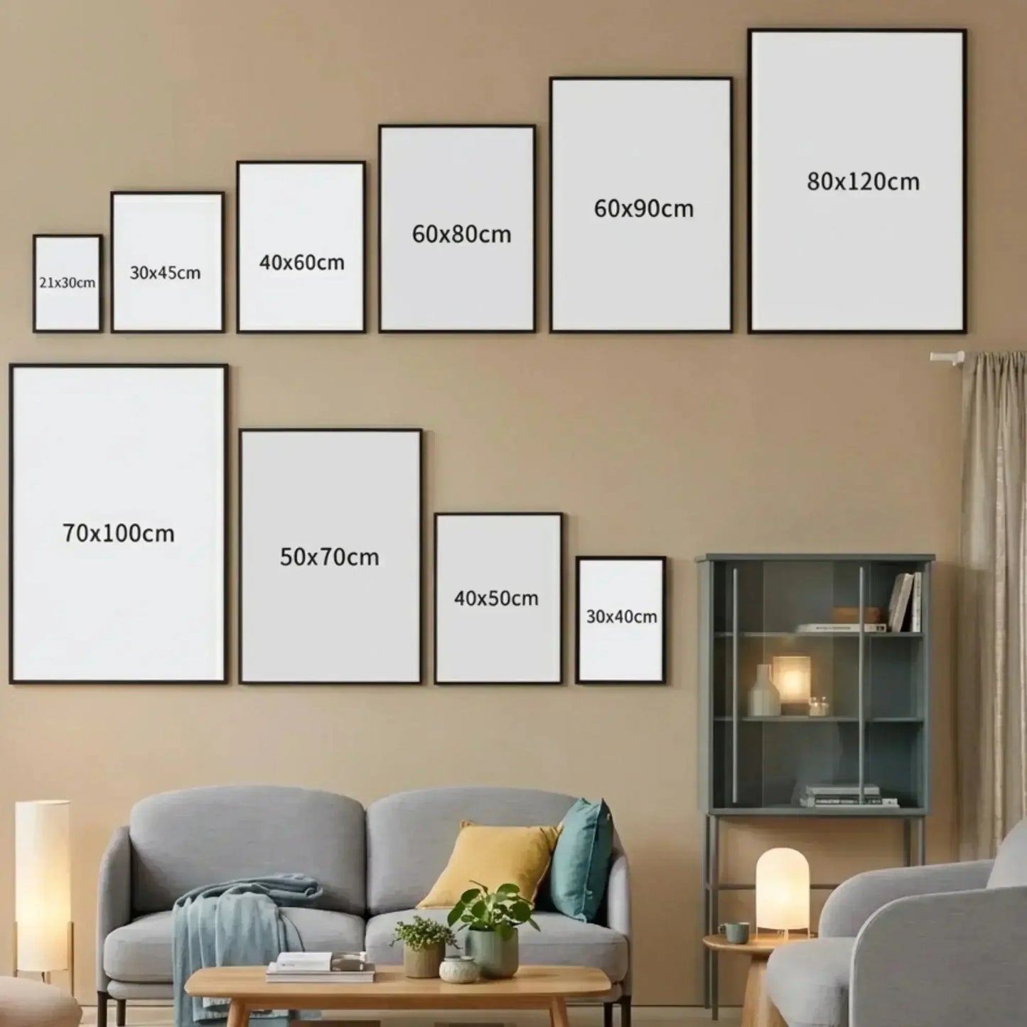 Size chart for wall art set of 3 – available canvas print sizes from 13x18cm to 80x120cm