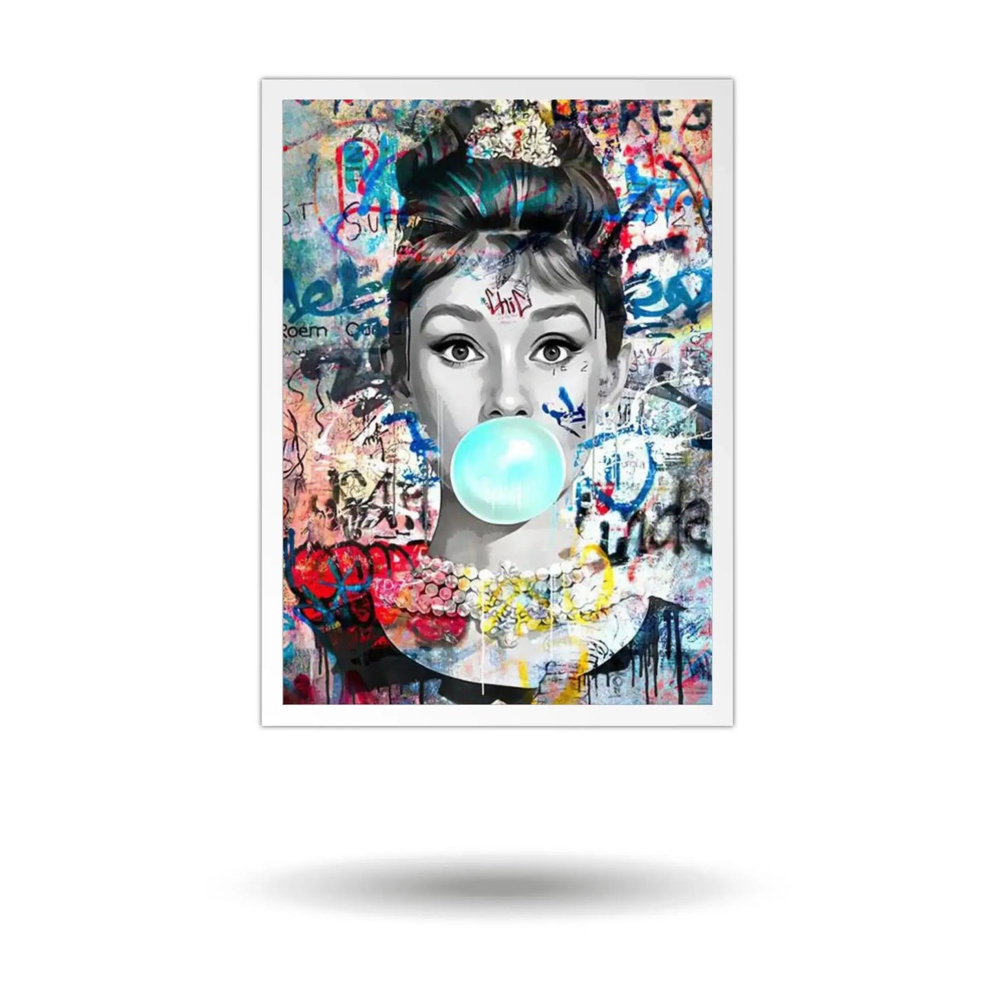 Framed artwork of a person blowing a bubble with colorful graffiti-style background