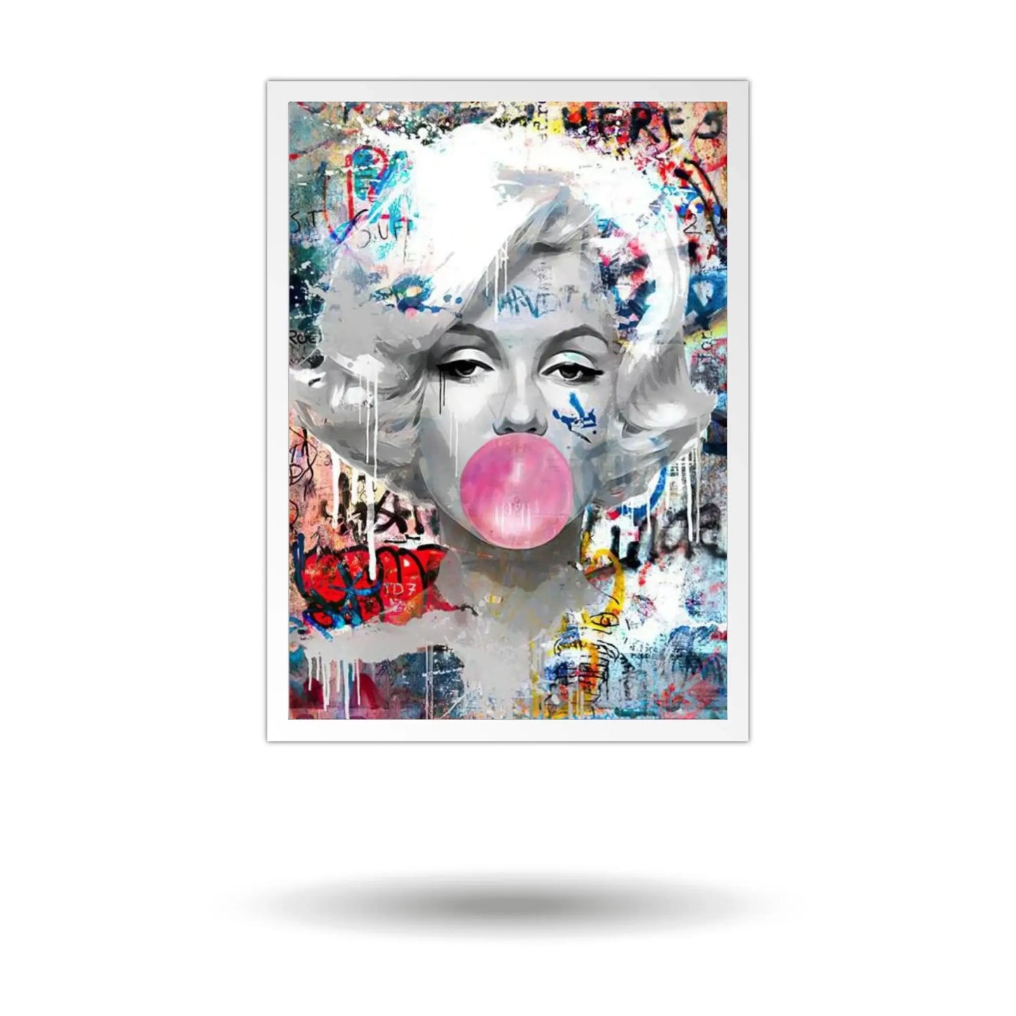 Framed artwork of a stylized portrait with colorful abstract elements and a pink bubble gum bubble.