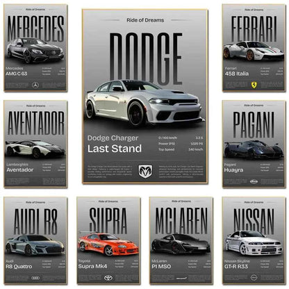 Luxury supercar wall art collection featuring Ferrari, Lamborghini, McLaren, Dodge, Audi, Supra, Pagani, and GTR posters — sleek modern canvas decor for car lovers.
