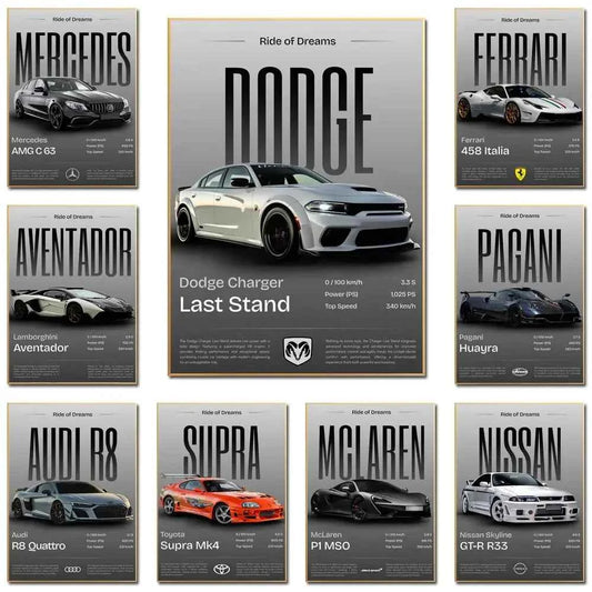 Luxury supercar wall art collection featuring Ferrari, Lamborghini, McLaren, Dodge, Audi, Supra, Pagani, and GTR posters — sleek modern canvas decor for car lovers.