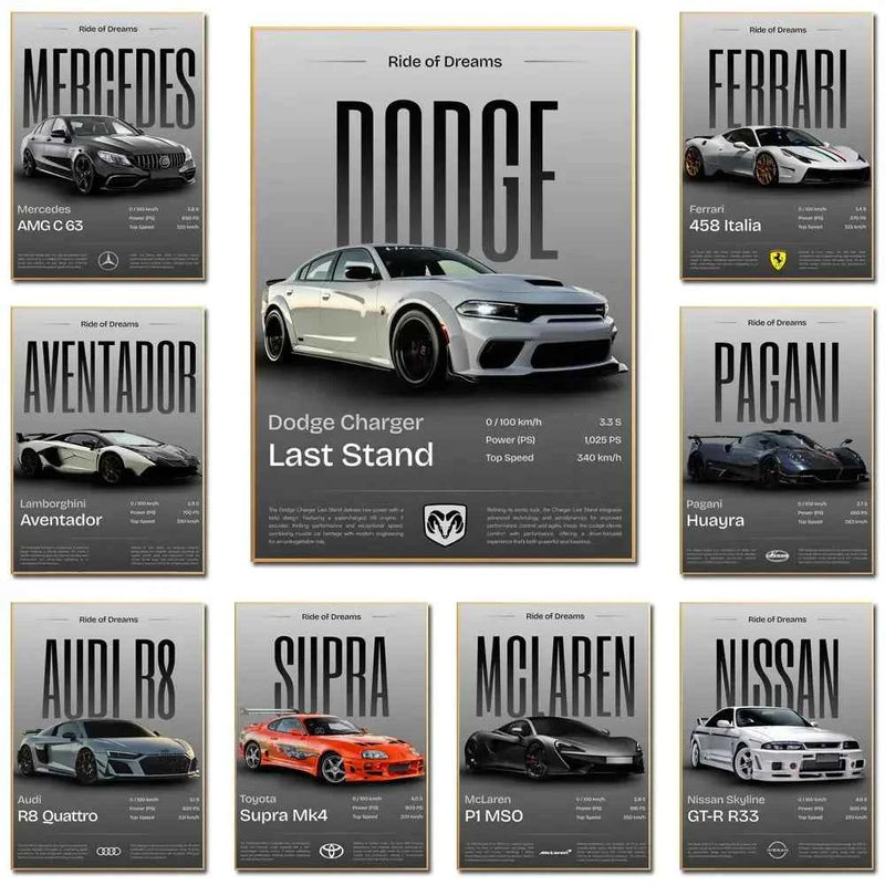 Luxury supercar wall art collection featuring Ferrari, Lamborghini, McLaren, Dodge, Audi, Supra, Pagani, and GTR posters — sleek modern canvas decor for car lovers.