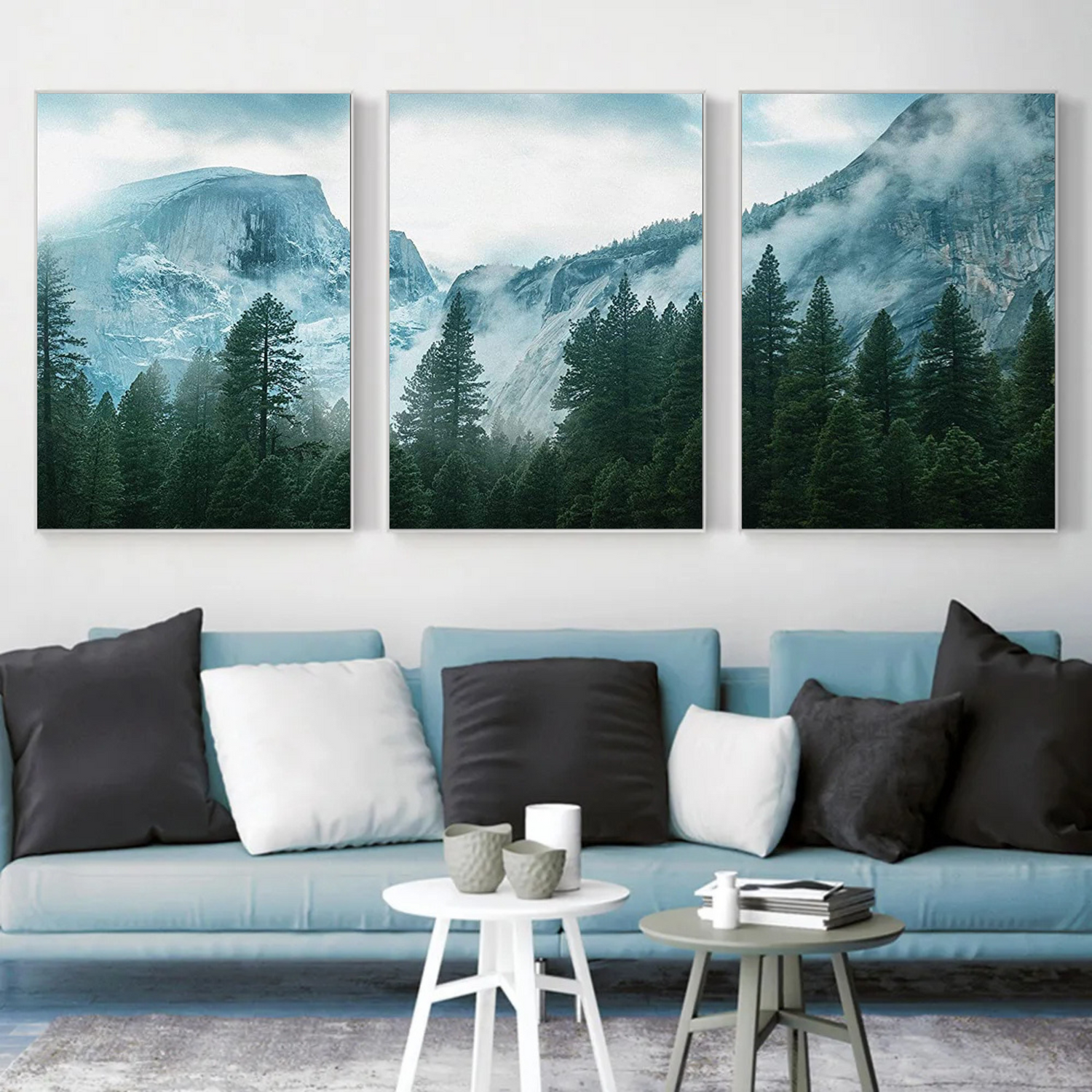 Set of 3 Teal Mountain Canvas Wall Art - Duotone Nature Wilderness Art for Modern Home Decor