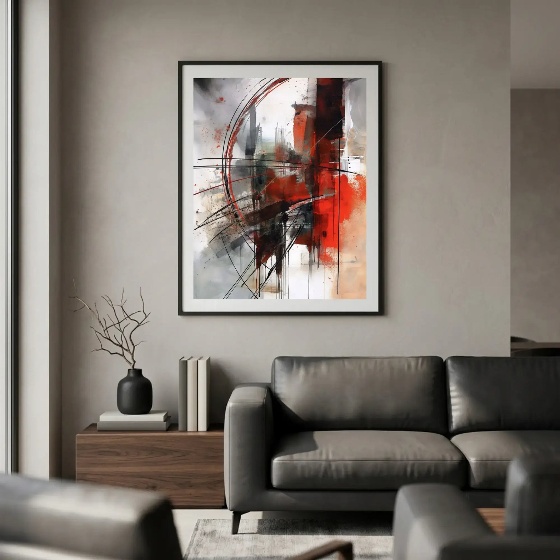 Large abstract wall art canvas print featuring bold red brushstrokes, dynamic black geometric lines, sweeping curves, and expressive paint drips over a crisp white and grey background. Perfect modern wall decor for a contemporary living room.