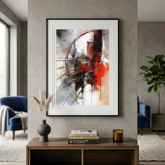Large abstract wall art canvas print featuring bold red brushstrokes, dynamic black geometric lines, sweeping curves, and expressive paint drips over a crisp white and grey background. Perfect modern wall decor for a contemporary living room.