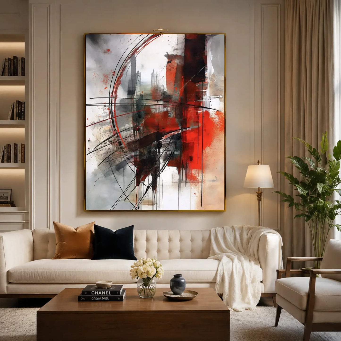 Large abstract wall art canvas print featuring bold red brushstrokes, dynamic black geometric lines, sweeping curves, and expressive paint drips over a crisp white and grey background. Perfect modern wall decor for a contemporary living room.