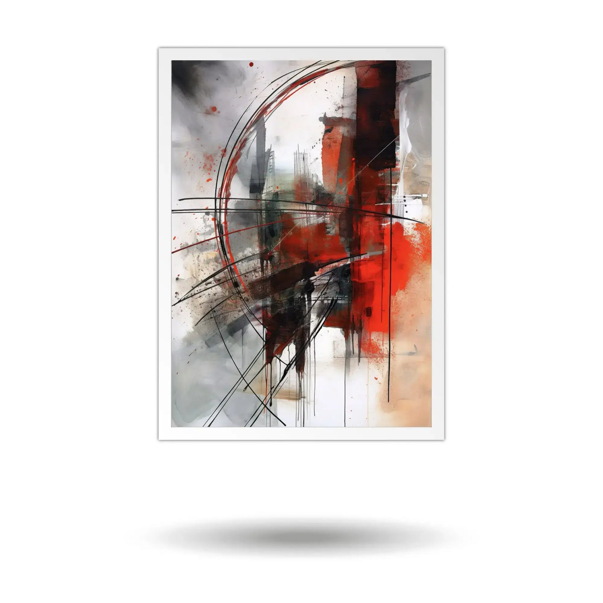 Large abstract wall art canvas print featuring bold red brushstrokes, dynamic black geometric lines, sweeping curves, and expressive paint drips over a crisp white and grey background. Perfect modern wall decor for a contemporary living room.