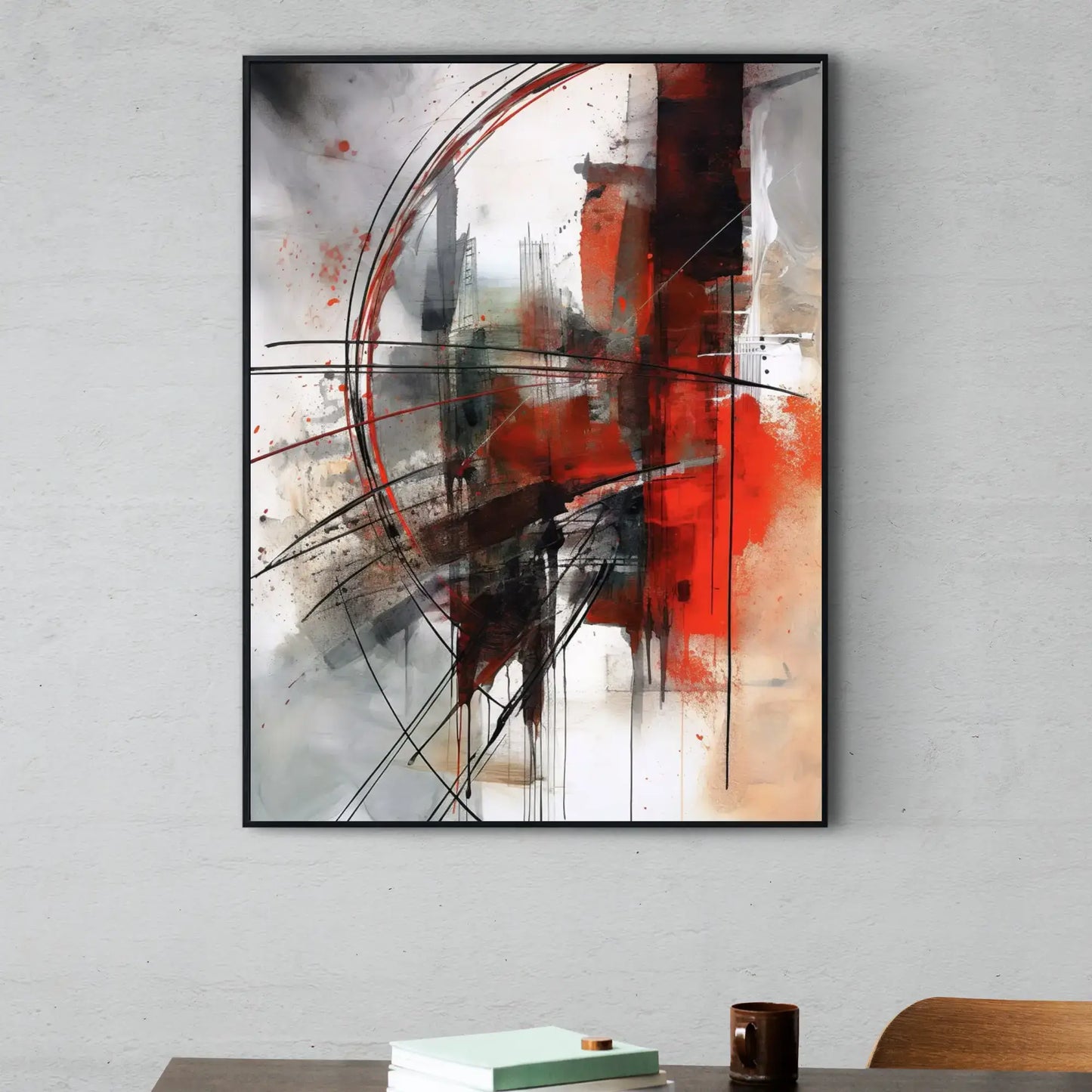 Large abstract wall art canvas print featuring bold red brushstrokes, dynamic black geometric lines, sweeping curves, and expressive paint drips over a crisp white and grey background. Perfect modern wall decor for a contemporary living room.