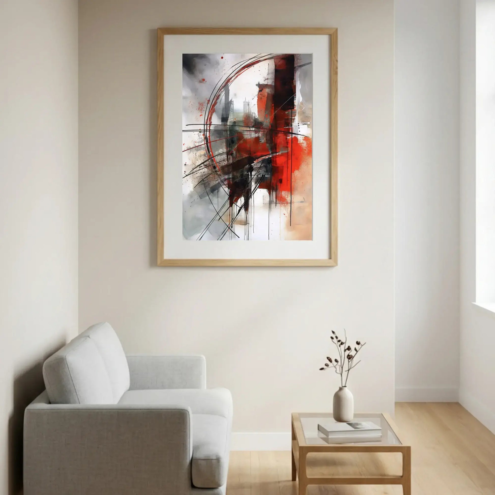Large abstract wall art canvas print featuring bold red brushstrokes, dynamic black geometric lines, sweeping curves, and expressive paint drips over a crisp white and grey background. Perfect modern wall decor for a contemporary living room.