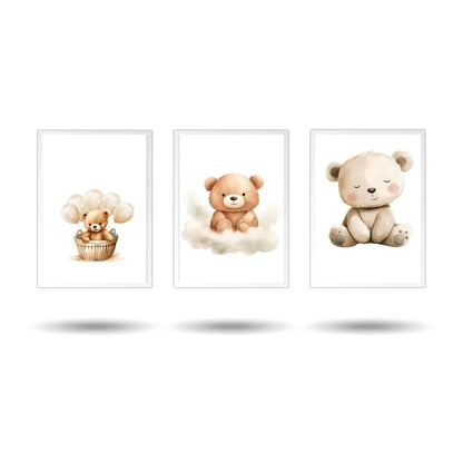 Set of 3 watercolor teddy bear nursery wall art prints – cute neutral baby room decor, perfect for boys or girls, baby shower gift, kids room posters