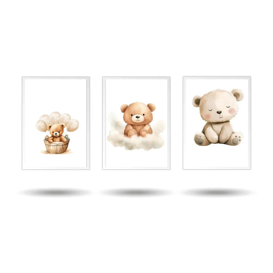 Set of 3 watercolor teddy bear nursery wall art prints – cute neutral baby room decor, perfect for boys or girls, baby shower gift, kids room posters