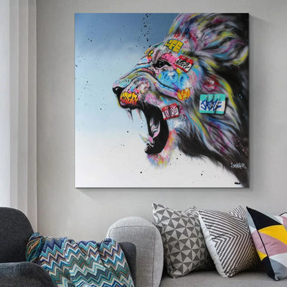 Colorful lion painting on a wall above a sofa with patterned cushions.