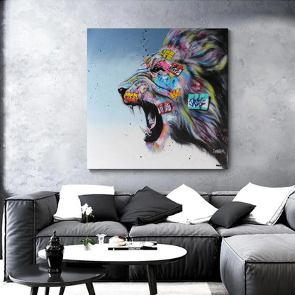 Colorful lion painting on a gray wall above a modern living room setup.