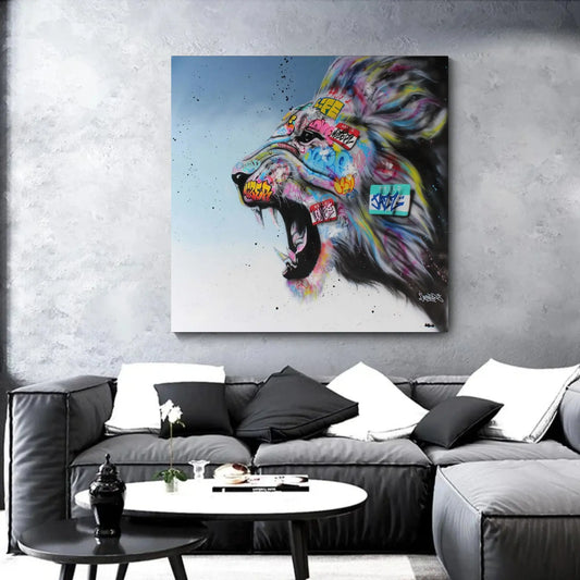 Colorful lion painting on a gray wall above a modern living room setup.