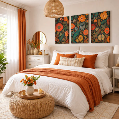 A styled bedroom featuring a bed with white linens and a rust-orange throw blanket, decorated with orange and cream pillows. Above the bed hang three matching floral canvas prints with orange, yellow, and teal flowers on a dark background.