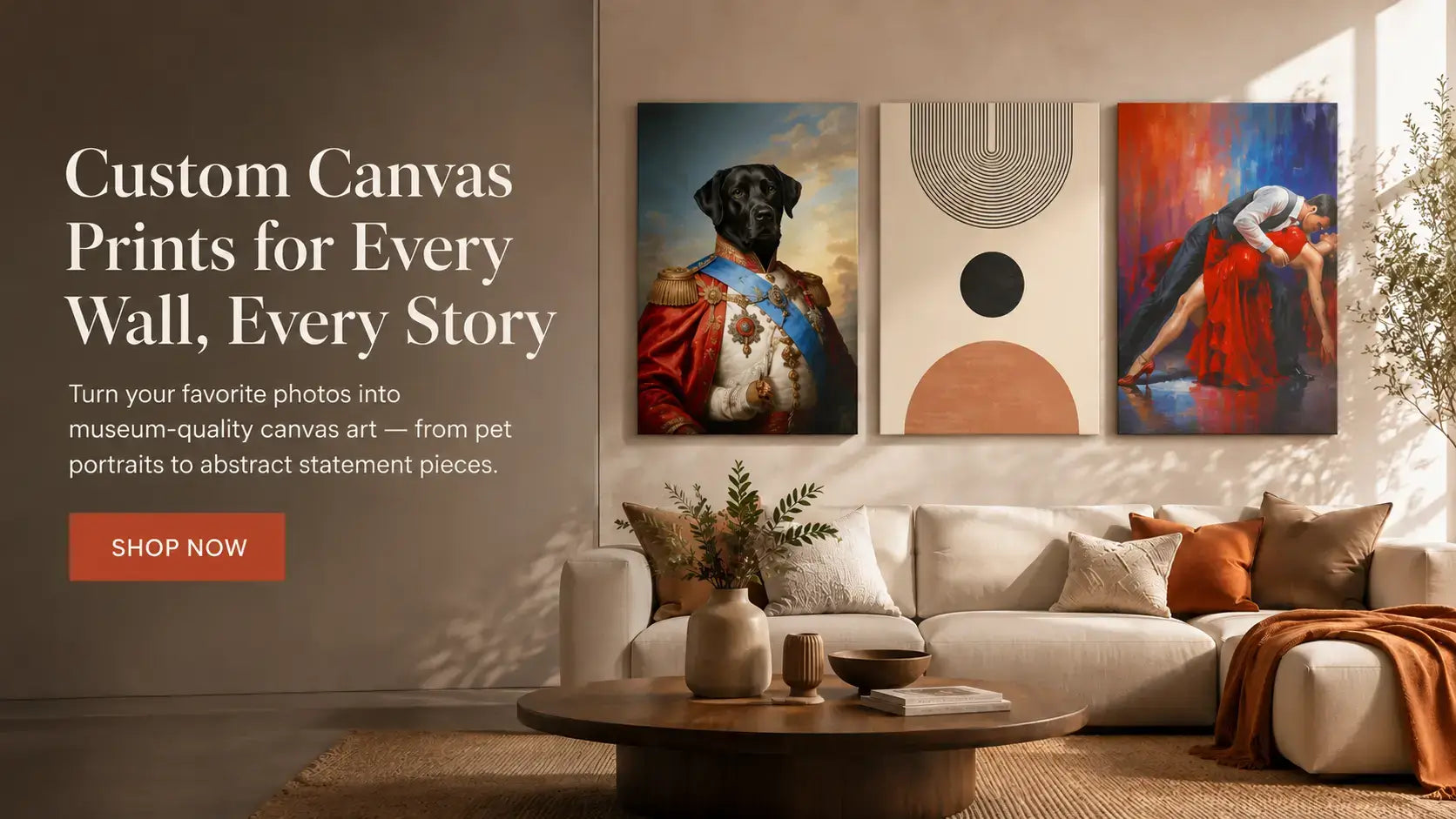 Custom canvas prints displayed in a modern living room, featuring a pet portrait, abstract art, and calligraphy canvas wall art