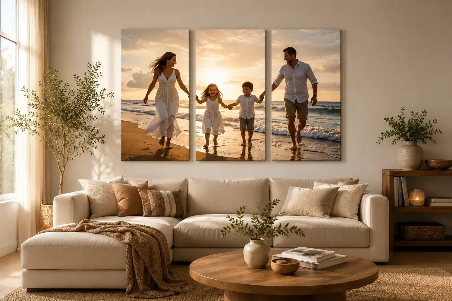 Custom family photo wall art canvas print displayed above a sofa in a living room