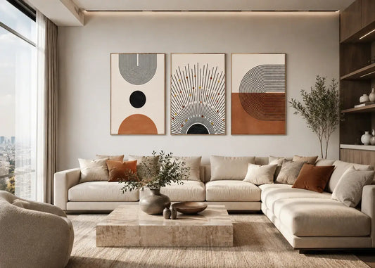 A modern living room featuring a three-panel abstract wall art set with geometric shapes and radiating lines in beige, brown, black, and gray tones, hung above a light beige sectional sofa.