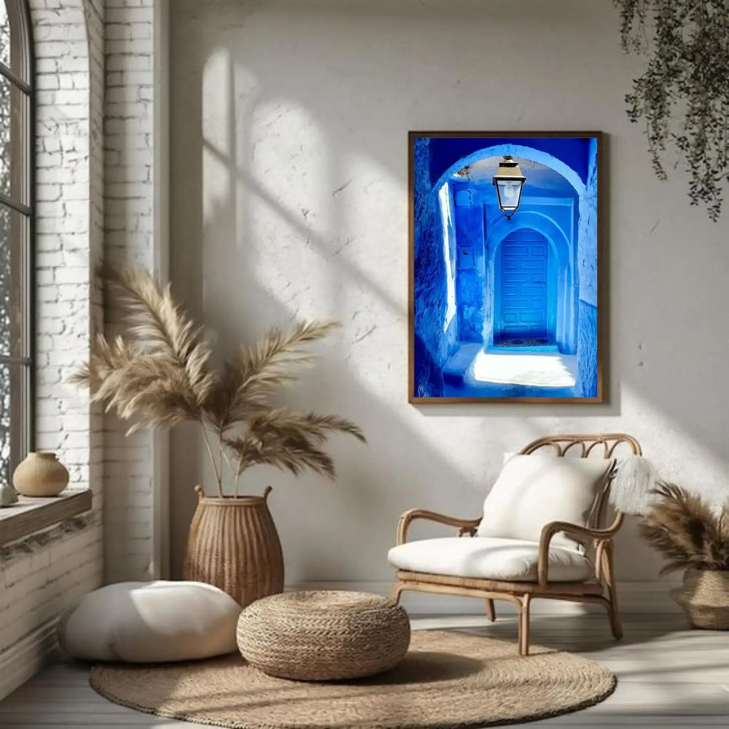 Living room with a blue framed artwork of a hallway, wooden chair, and decorative plants.