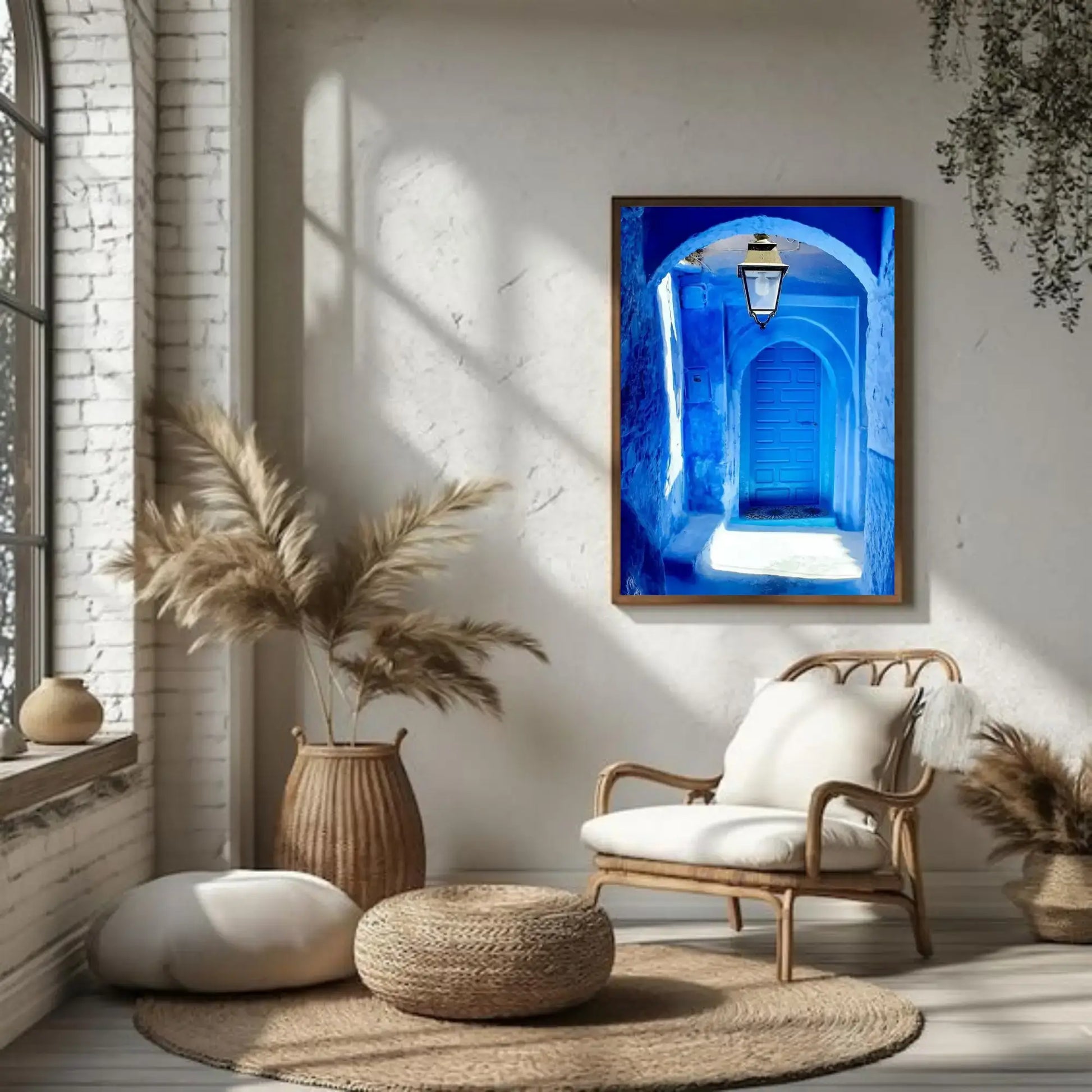 Living room with a blue framed artwork of a hallway, wooden chair, and decorative plants.