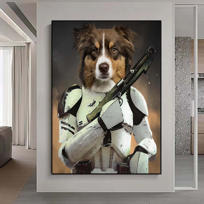 Custom Pet Portrait: Dog dressed as a Stormtrooper holding a blaster.