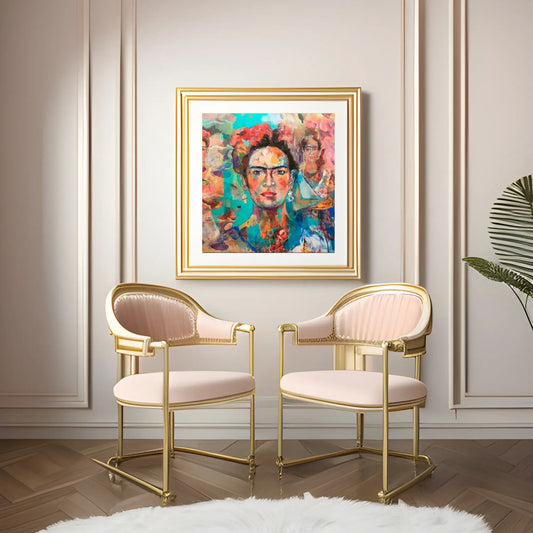 Two gold chairs with pink cushions in a room with a colorful painting on the wall.