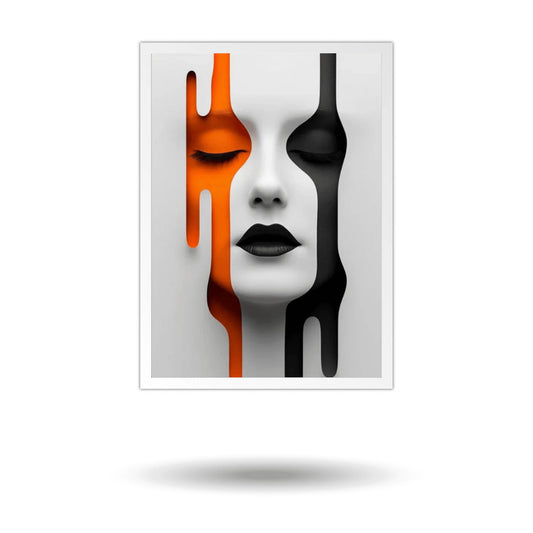 Abstract art print of a face with orange, black, and white colors on a white background