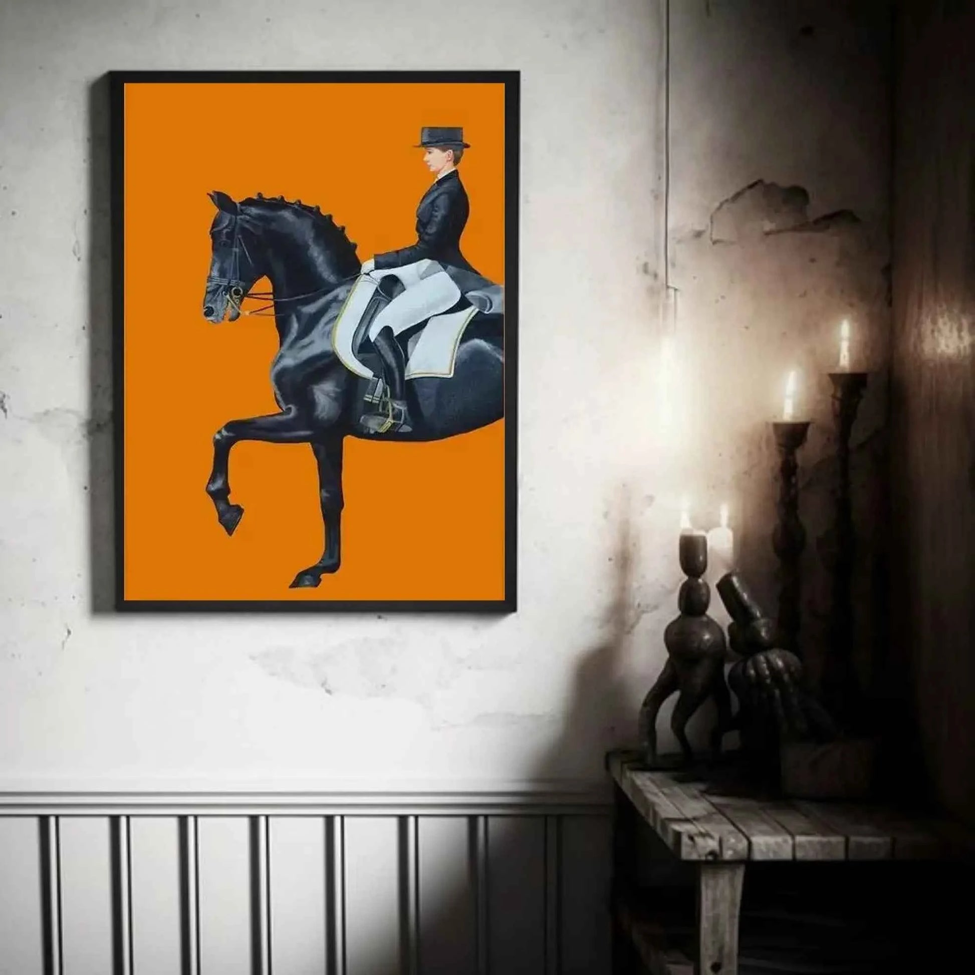 Elegant Equestrian Wall Art – Black Horse & Rider Dressage Painting on Bold Orange Background | Luxury Canvas Print for Modern Interiors