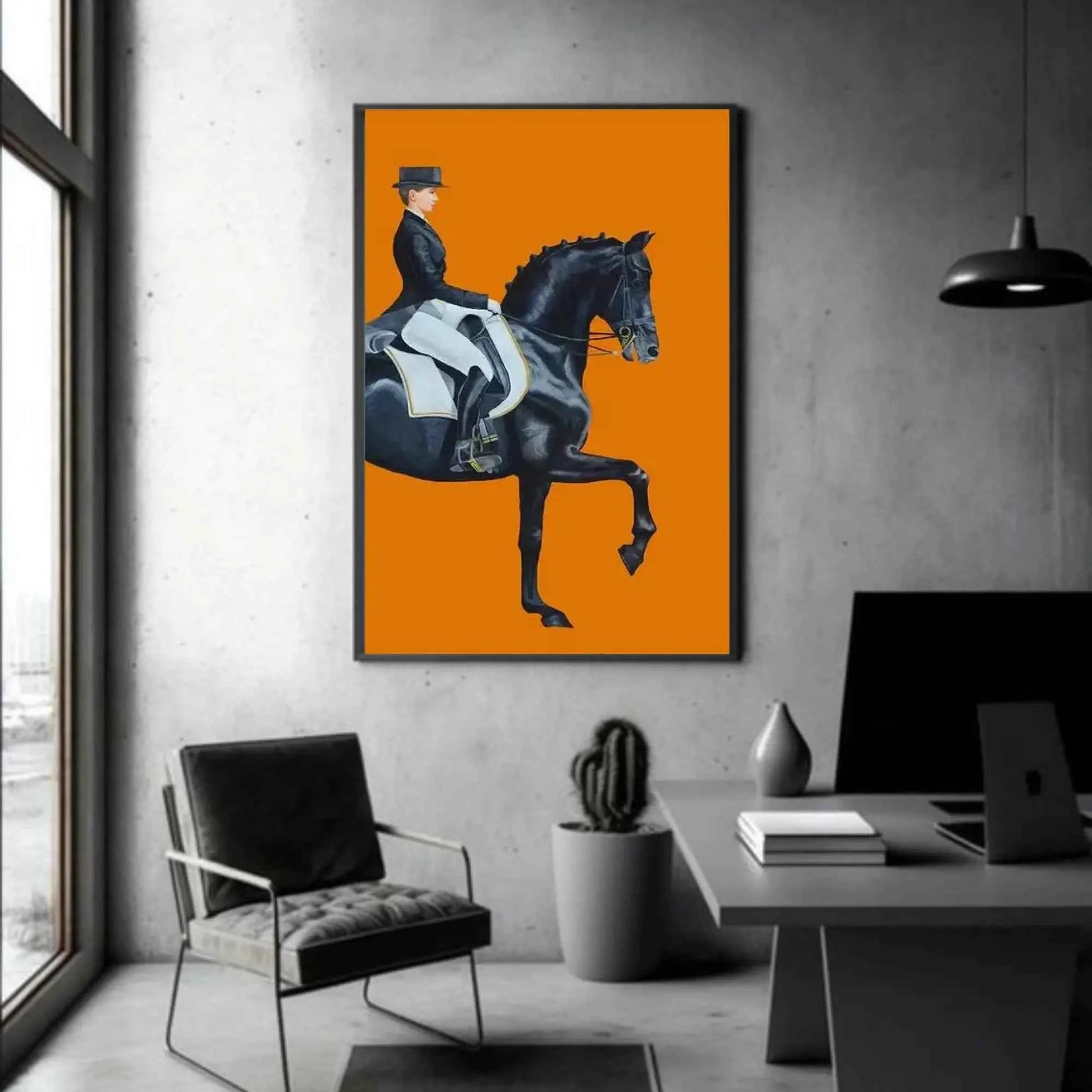 Elegant Equestrian Wall Art – Black Horse & Rider Dressage Painting on Bold Orange Background | Luxury Canvas Print for Modern Interiors