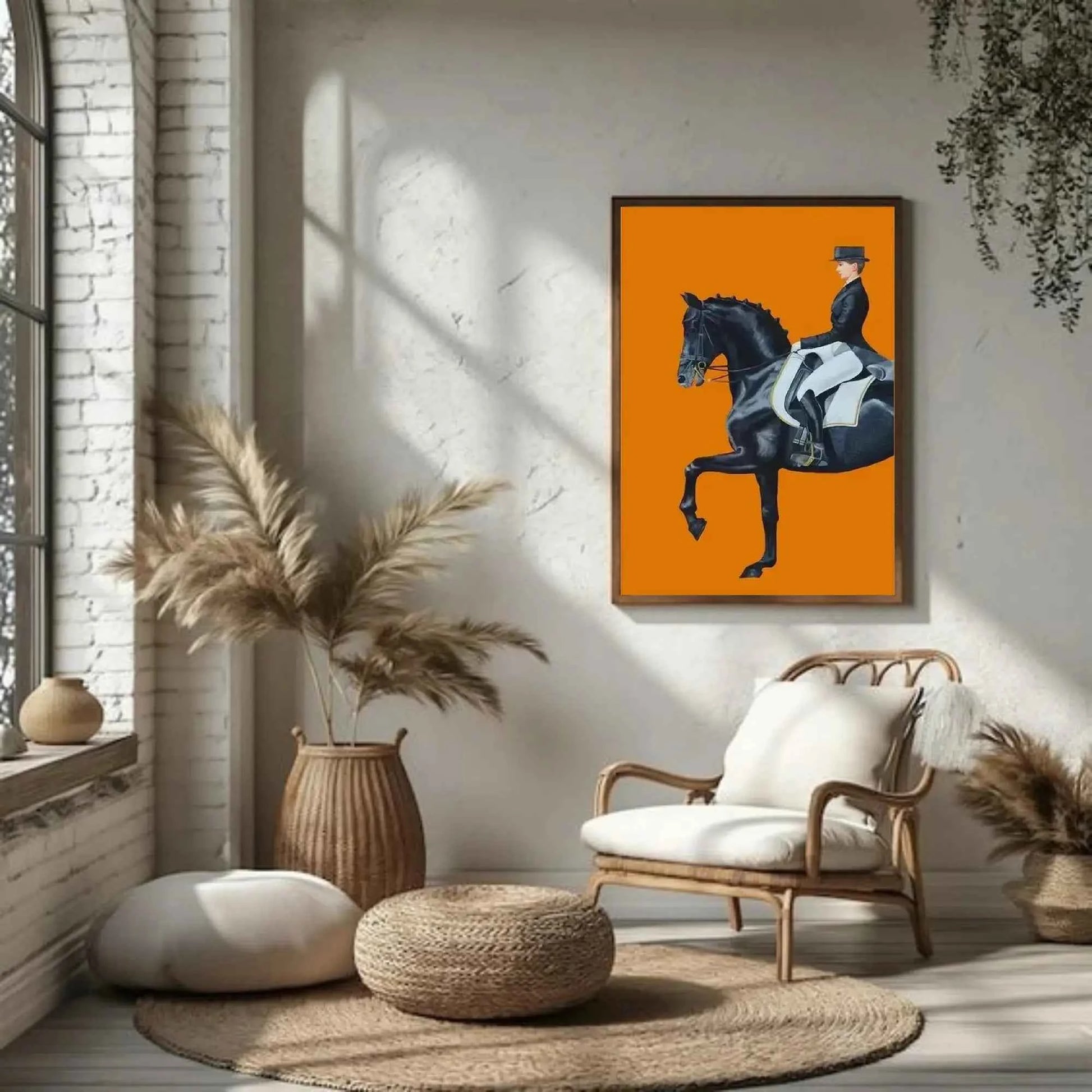 Elegant Equestrian Wall Art – Black Horse & Rider Dressage Painting on Bold Orange Background | Luxury Canvas Print for Modern Interiors