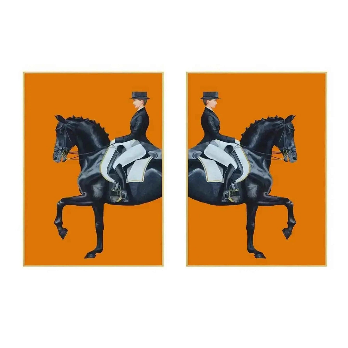 Elegant equestrian wall art of black horse and rider in dressage on bold orange background – modern canvas print for home or office decor