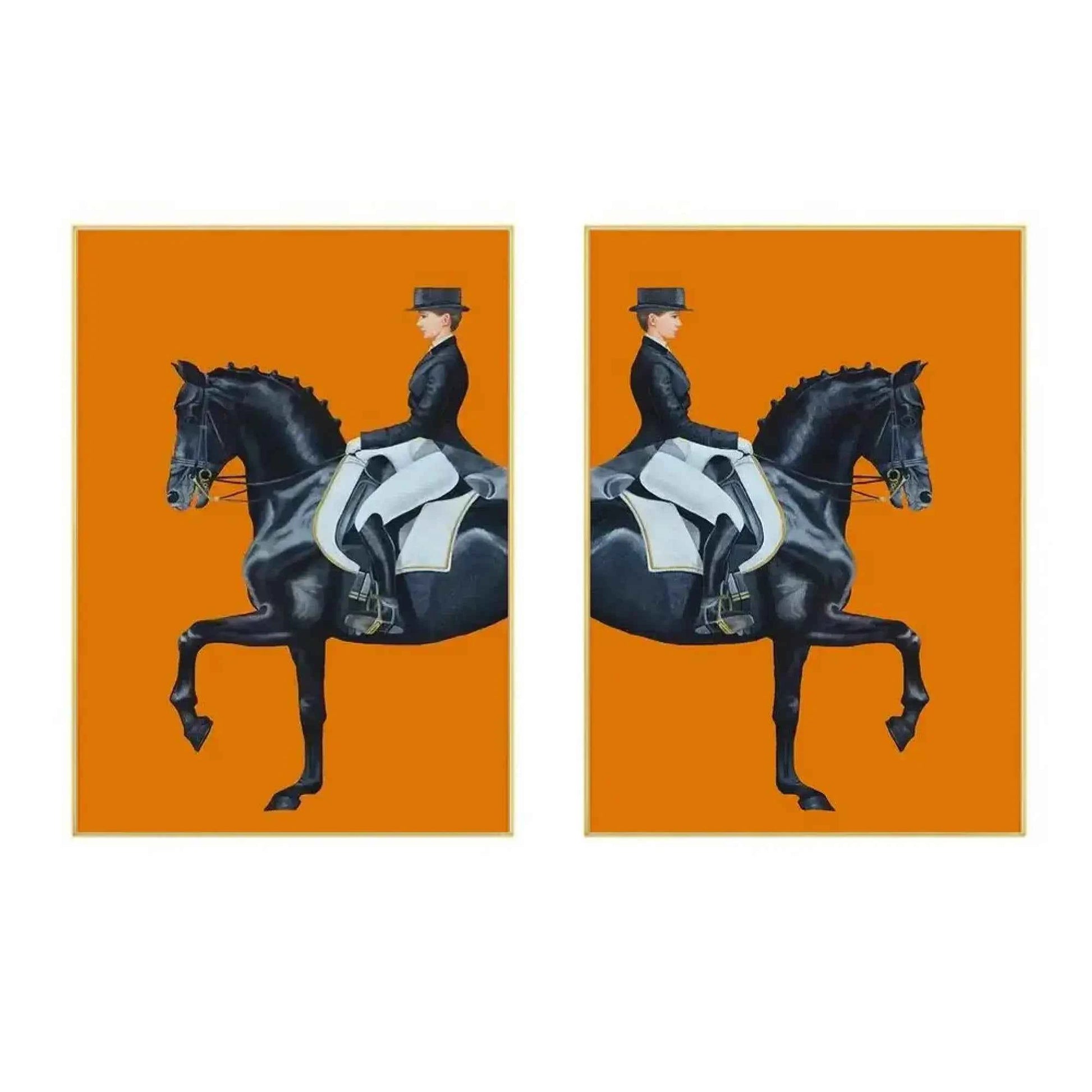 Elegant equestrian wall art of black horse and rider in dressage on bold orange background – modern canvas print for home or office decor