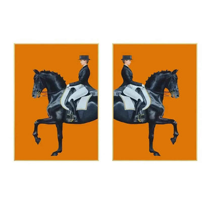 Elegant equestrian wall art of black horse and rider in dressage on bold orange background – modern canvas print for home or office decor
