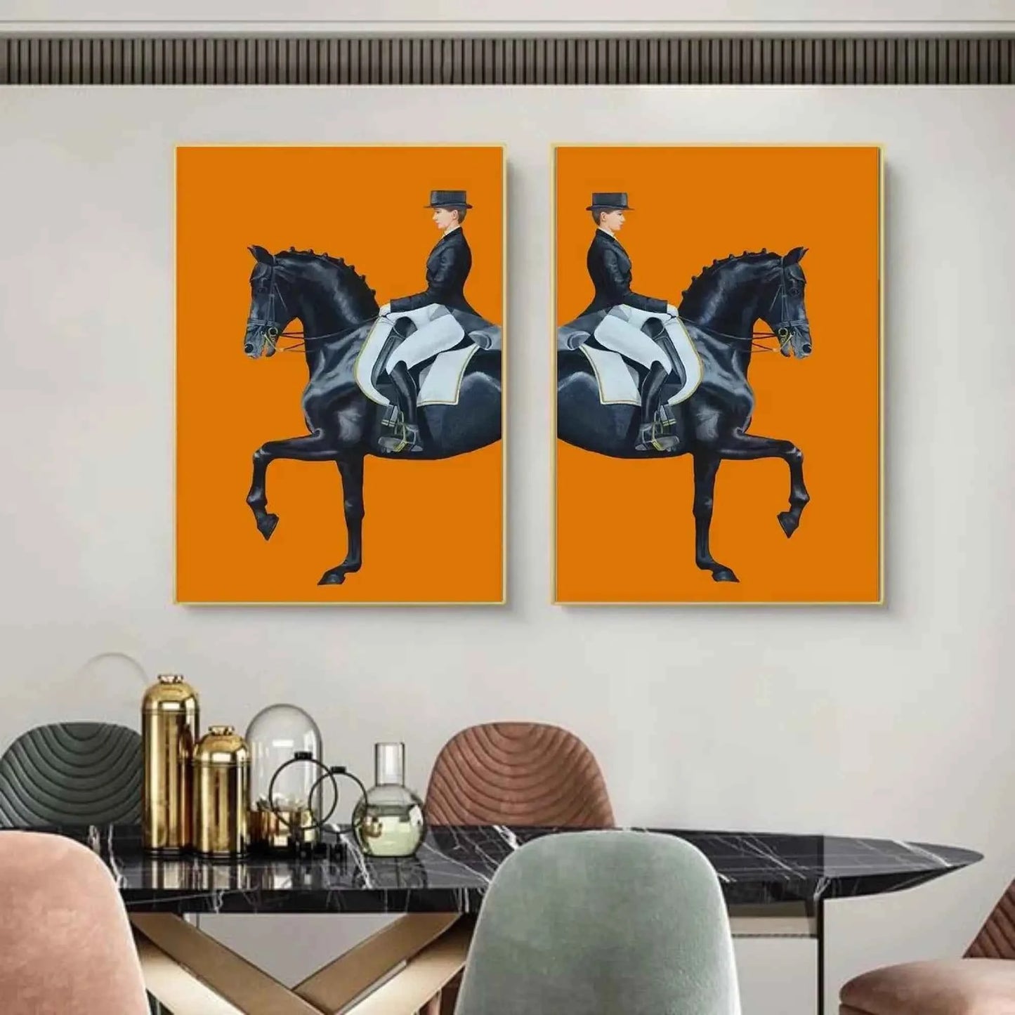 Elegant Equestrian Wall Art – Black Horse & Rider Dressage Painting on Bold Orange Background | Luxury Canvas Print for Modern Interiors