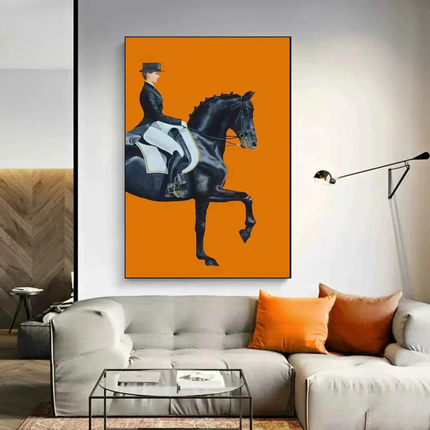 Elegant Equestrian Wall Art – Black Horse & Rider Dressage Painting on Bold Orange Background | Luxury Canvas Print for Modern Interiors