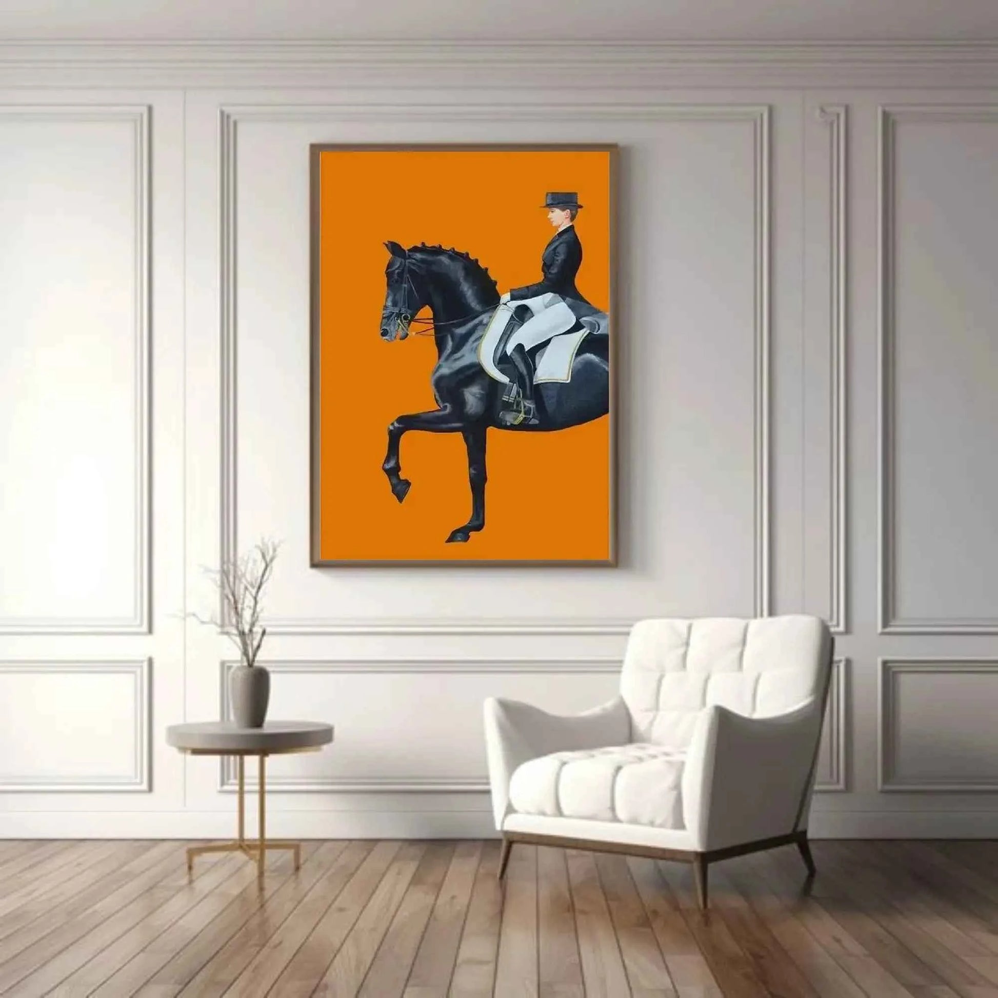 Elegant Equestrian Wall Art – Black Horse & Rider Dressage Painting on Bold Orange Background | Luxury Canvas Print for Modern Interiors