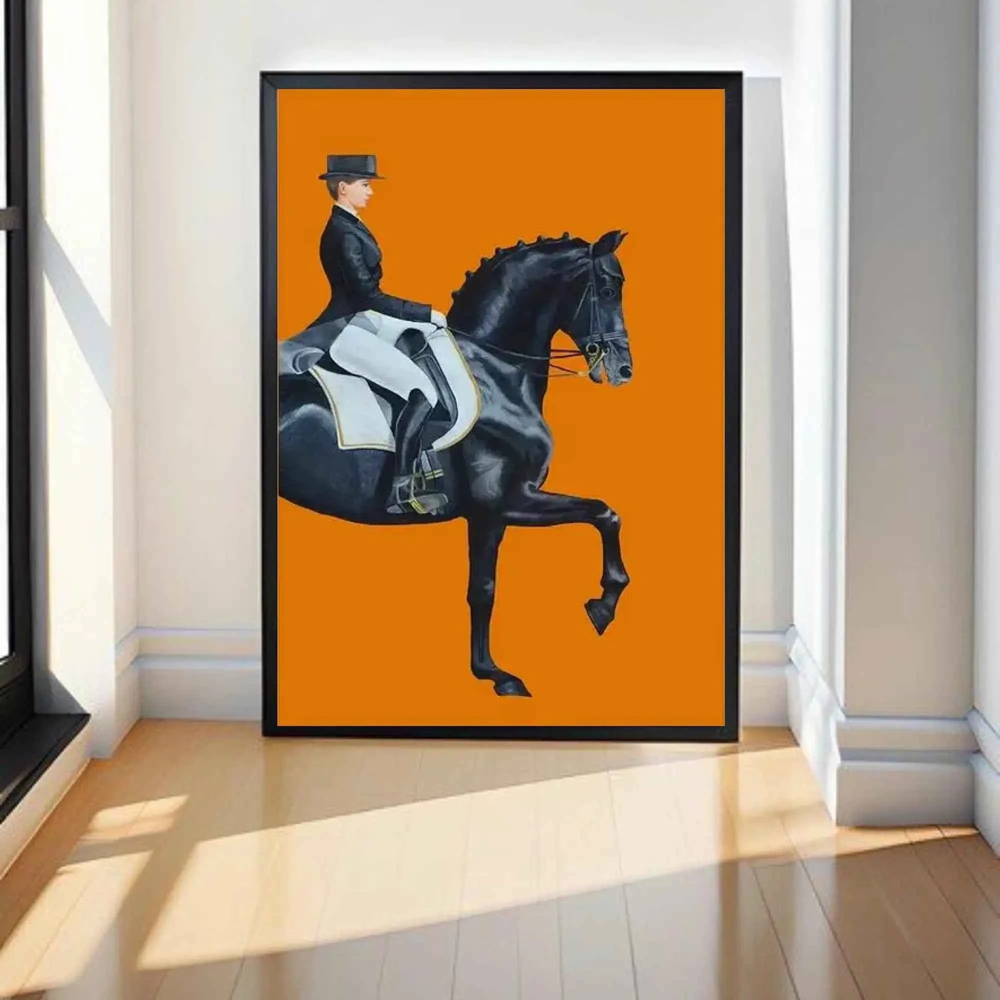 Elegant Equestrian Wall Art – Black Horse & Rider Dressage Painting on Bold Orange Background | Luxury Canvas Print for Modern Interiors