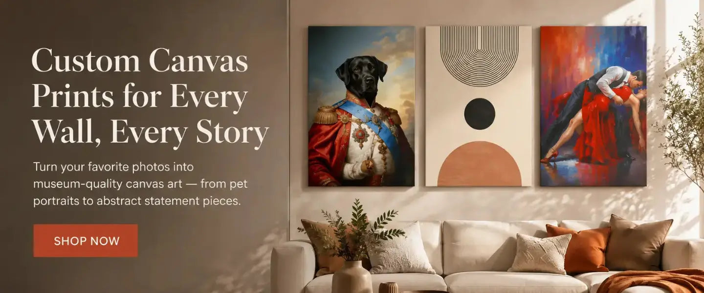 Custom canvas prints displayed in a modern living room, featuring a pet portrait, abstract art, and calligraphy canvas wall art