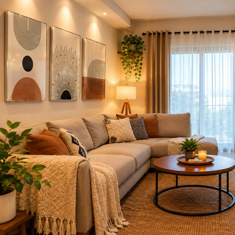 A modern beige sectional sofa in a warm, stylishly decorated living room. The sofa is styled with various accent pillows and a cream-colored fringed throw blanket.