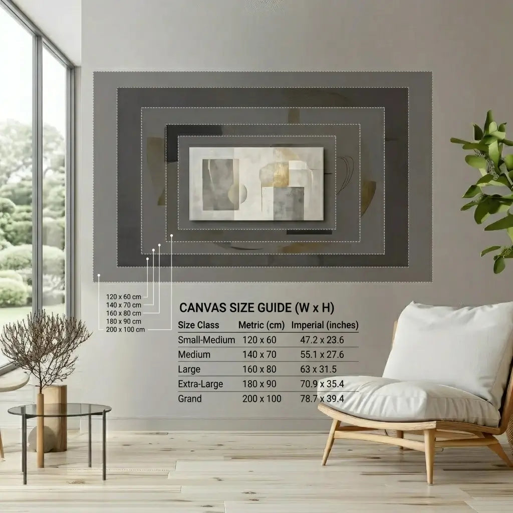 Luxury living room wall art size chart showing horizontal rolled canvas print dimensions from 120 × 60 cm to 200 × 100 cm with inch conversions, displayed in a realistic modern interior for Shopify product visualization.