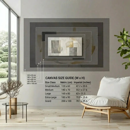 Luxury living room wall art size chart showing horizontal rolled canvas print dimensions from 120 × 60 cm to 200 × 100 cm with inch conversions, displayed in a realistic modern interior for Shopify product visualization.