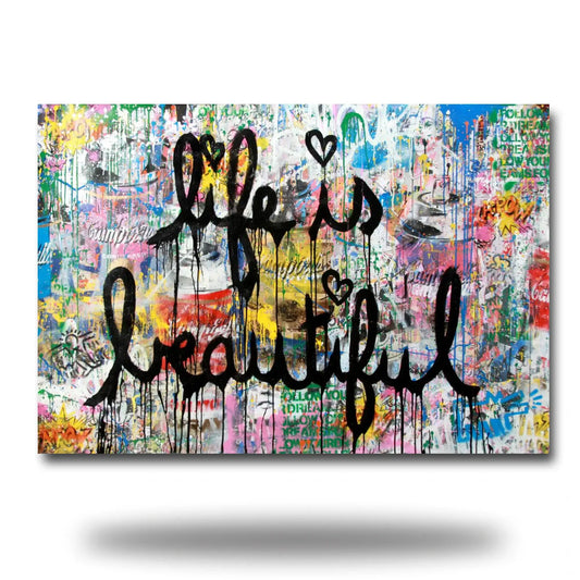Colorful artwork with 'life is beautiful' text on a white background