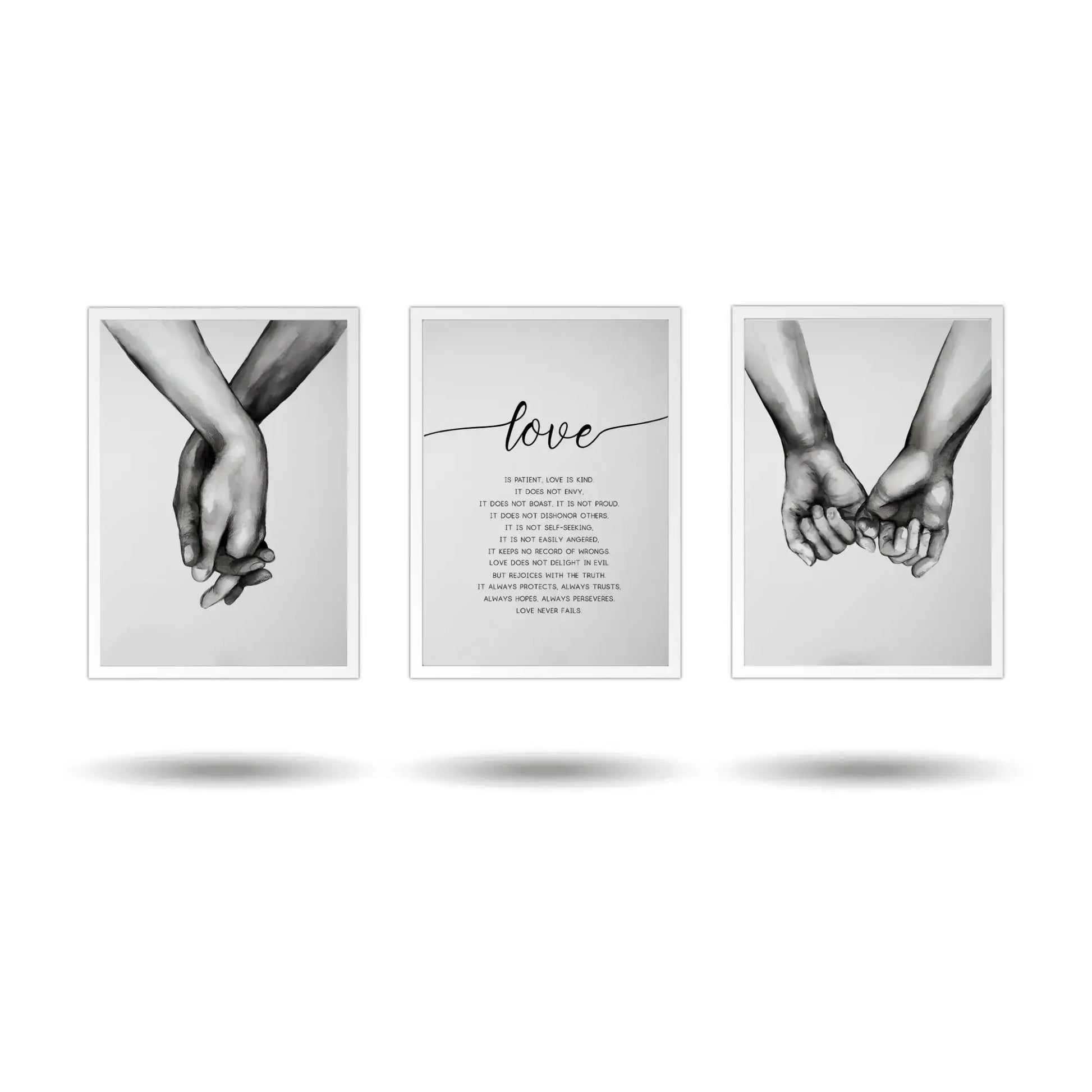 Three framed prints showing hands holding, a central 'love' text print, on a white background.