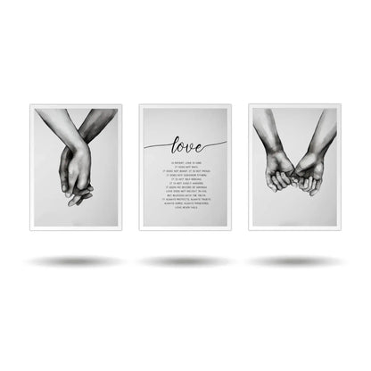 Three framed prints showing hands holding, a central 'love' text print, on a white background.